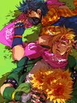  blonde_hair blue_hair caesar_anthonio_zeppeli facial_mark flower green_jacket headband jacket jojo_no_kimyou_na_bouken joseph_joestar_(young) mask multiple_boys scarf sleeping sunflower taruha tegaki 