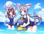  academic_(dragon_nest) animal_ears blue_eyes braid brown_hair cat_ears dragon_nest hino_(mooncalf+t) long_hair multiple_girls one-piece_swimsuit red_eyes school_swimsuit silver_hair swimsuit tail twin_braids twintails wading water 
