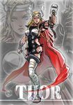  blonde_hair blue_eyes braid breastplate cape circlet genderswap genderswap_(mtf) head_wings marvel mjolnir nikumeron solo thighhighs thor_(marvel) twin_braids zoom_layer 