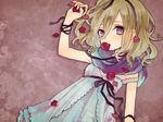  blonde_hair blue_eyes flower flower_in_mouth hair_ribbon looking_at_viewer lying off_shoulder original petals ribbon rose_petals short_hair solo soto 