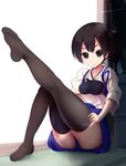  black_hair black_legwear brown_eyes brown_hair collarbone dressing feet frown japanese_clothes kaga_(kantai_collection) kantai_collection leg_up legs looking_at_viewer muneate open_mouth panties short_hair side_ponytail sitting skirt solo sora_to_umi thighhighs thighs tsurime underwear 