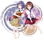  barefoot biwa_lute brown_eyes brown_hair hairband instrument lute_(instrument) multiple_girls musical_note purple_eyes purple_hair siblings sisters touhou tsukumo_benben tsukumo_yatsuhashi uranaishi_(miraura) 