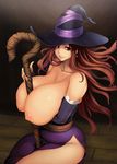  belly between_breasts breast_hold breasts cleavage dragon's_crown hat huge_breasts long_hair meme50 nipples red_eyes red_hair smile solo sorceress_(dragon's_crown) staff topless wide_hips witch_hat 