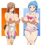  2girls alfa_system ange_serena areolae blue_eyes blue_hair blush breasts breasts_outside brown_hair cameltoe curvy dildo female frills garter_belt green_eyes hair_over_one_eye hokuto_(tokuho) huge_breasts large_breasts long_hair looking_at_viewer miniskirt multiple_girls navel nipples no_bra no_panties ponytail puffy_nipples pussy skirt standing tales_of_(series) tales_of_innocence tales_of_the_abyss tear_grants thigh_gap uncensored 