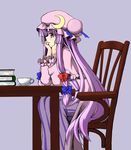  blush book chair crescent hat iwanori long_hair patchouli_knowledge purple_eyes purple_hair simple_background sitting smile solo touhou very_long_hair 