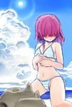  beach bikini day hair_over_eyes original purple_hair sand_castle sand_sculpture short_hair solo swimsuit taiti 