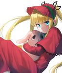  bad_id bad_twitter_id blonde_hair blue_eyes bonnet capelet dog erubo flower kunkun long_hair long_sleeves pink_flower pink_rose red_capelet rose rozen_maiden shinku solo stuffed_animal stuffed_dog stuffed_toy twintails white_background 