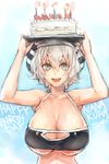  birthday_cake blue_eyes breasts cake cleavage food fuguu-chan happy_birthday highres huge_breasts on_head open_mouth original short_hair silver_hair solo sweat taishi_(picchiridou) text_focus underboob 