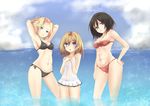  :o abs annie_leonhardt armpits arms_behind_head bikini black_bikini black_eyes black_hair blonde_hair blue_eyes casual_one-piece_swimsuit christa_renz hand_on_hip highres mikasa_ackerman multiple_girls muscle navel ocean odamanoe one-piece_swimsuit red_bikini shingeki_no_kyojin short_hair side-tie_bikini swimsuit wading water 