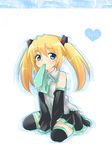  blonde_hair blush boots cosplay detached_sleeves eden_no_ori green_eyes hatsune_miku hatsune_miku_(cosplay) isurugi_miina male_focus mochizuki_yomogi mouth_hold necktie otoko_no_ko skirt sleeves_past_wrists solo thigh_boots thighhighs twintails v_arms vocaloid zettai_ryouiki 