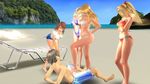  1boy 3d 4girls barefoot beach bent_over bikini black_hair blonde_hair breasts brown_hair crossed_arms domination femdom footjob hands_on_hips long_hair looking_at_another multiple_girls outdoors sand short_hair side side-tie_bikini standing swimsuit two_side_up water white_hair 