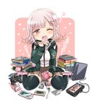  blush controller danganronpa game_&amp;_watch game_boy game_boy_advance_sp game_cartridge game_console game_controller hair_ornament hairclip handheld_game_console hood hoodie joystick kamiya_zuzu nanami_chiaki nintendo_ds one_eye_closed open_mouth pink_eyes pink_hair playstation_vita school_uniform short_hair sitting skirt solo super_danganronpa_2 thighhighs video_game wariza yawning 