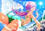  ass bad_id bad_pixiv_id bikini blue_sky bracelet cloud day green_bikini hijikawa_arashi jewelry lens_flare long_hair looking_at_viewer looking_back original ponytail purple_eyes purple_hair side-tie_bikini sky smile solo sun swimsuit water 