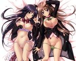  2girls anna_(mirai_nostalgia) bed black_hair bra breasts brown_hair kasuga_iori koku long_hair mirai_nostalgia nipples open_shirt panties panty_pull petals purple_software seifuku underwear 