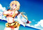  blonde_hair blush breasts charlotte_dunois clouds infinite_stratos nipples nopan open_shirt purple_eyes yasui_riosuke 