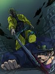  black_hair blonde_hair blood blood_on_face dio_brando green_eyes hat headband jacket jojo_no_kimyou_na_bouken kuujou_joutarou multiple_boys sign taruha tegaki yellow_jacket 