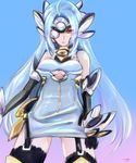  bad_id bad_pixiv_id bare_shoulders blue_hair breasts dress highres kos-mos kos-mos_ver._4 long_hair medium_breasts red_eyes solo underboob xenosaga xenosaga_episode_iii 