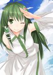  blush breasts detached_sleeves frog_hair_ornament green_eyes green_hair hair_ornament hair_tubes highres kochiya_sanae long_hair medium_breasts one_eye_closed pino_(birthdayparty) salute skirt smile snake_hair_ornament solo touhou 