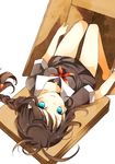  aqua_eyes ascot bad_id bad_pixiv_id blue_eyes box braid brown_hair collarbone dutch_angle highres in_box in_container kantai_collection long_hair looking_at_viewer mashiro_aa school_uniform serafuku shigure_(kantai_collection) single_braid smile solo upside-down white_background 