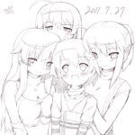  blush copyright_request dated highres long_hair mille monochrome multiple_girls open_mouth short_hair simple_background smile white_background 