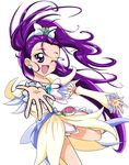  ;d bow cure_egret dress eyelashes futari_wa_precure_splash_star hair_bow long_hair magical_girl mishou_mai one_eye_closed open_mouth outstretched_arms ponytail precure purple_eyes purple_hair ribbon sinko_(sinsin) smile solo spread_arms white_background 