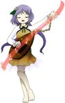  barefoot biwa_lute closed_eyes double_dealing_character full_body hair_ornament instrument lowres lute_(instrument) musical_note official_art oota_jun'ya pale_skin purple_hair solo touhou transparent_background tsukumo_benben tsukumogami 