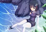  black_hair black_shorts brown_eyes elbow_gloves gloves haguro_(kantai_collection) kantai_collection outdoors pantyhose partially_submerged red_eyes shirt short_hair shorts sitting solo torn_clothes torn_legwear torn_shirt water white_gloves white_legwear windfeathers 