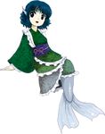  blue_hair double_dealing_character drill_hair fins full_body japanese_clothes kimono lowres mermaid monster_girl official_art oota_jun'ya pale_skin smile solo touhou transparent_background wakasagihime 