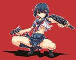  blue_eyes dual_wielding gun holding looking_at_viewer mac-10 midriff navel original school_uniform serafuku short_hair skirt solo squatting submachine_gun suzuki24 torn_clothes weapon 