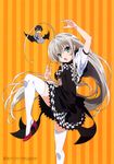  1girl absurdres ahoge arm_up artist_request black_dress bow checkered checkered_bow checkered_skirt chibi dress haiyore!_nyaruko-san high_heels highres long_hair looking_at_viewer nyarlathotep_(nyaruko-san) official_art pose puffy_short_sleeves puffy_sleeves red_footwear shantak_(nyaruko-san) shoes short_sleeves simple_background skirt standing standing_on_one_leg striped striped_background thighhighs two-tone_background very_long_hair yasaka_mahiro zettai_ryouiki 