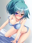  all_fours bad_id bad_pixiv_id blush bra breasts cleavage green_hair heterochromia highres medium_breasts original panties purple_eyes rebecca_arcane solo strap_slip suterii underwear underwear_only yellow_eyes 