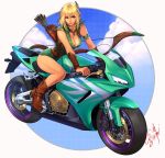 1girl anachronism arm_guards arm_strap arrow artist_name bangs belt blonde_hair boots bow_(weapon) braid breasts brown_footwear cleavage cloud elf feathers green_leotard ground_vehicle hair_feathers highres jewelry large_breasts leotard light_smile lips medium_hair motor_vehicle motorcycle necklace ogami on_motorcycle original pointy_ears quiver riding side_braid solo weapon 