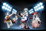  apron aura barefoot biwa_lute black_hair black_legwear bracelet braid brown_hair closed_eyes dancing double_dealing_character drum drum_set drumsticks floodlights hair_ornament highlights horikawa_raiko horns instrument izayoi_sakuya jewelry kijin_seija knife koto_(instrument) looking_back lute_(instrument) maid maid_headdress multicolored_hair multiple_girls musical_note necktie non-web_source official_art oota_jun'ya pale_skin pantyhose pink_eyes pink_hair purple_hair red_eyes reverse_grip sandals short_hair short_sleeves silver_hair skirt smile third-party_edit touhou tsukumo_benben tsukumo_yatsuhashi tsukumogami twin_braids waist_apron 