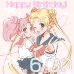  back_bow bishoujo_senshi_sailor_moon blonde_hair blue_sailor_collar bow chibi_usa child dated happy_birthday heart heart_of_string holding juuban_middle_school_uniform kh long_hair multiple_girls one_eye_closed pink_background pink_hair red_bow sailor_collar school_uniform serafuku tsukino_usagi twintails v very_long_hair 