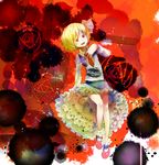  blonde_hair flower frilled_legwear frills gozaemon hair_ribbon mary_janes red_eyes ribbon rose rumia sharp_teeth shoes short_hair skirt smile teeth touhou traditional_media upskirt watercolor_(medium) 