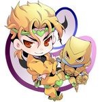  blonde_hair chibi crossed_arms crossed_legs dio_brando floating headband heart holding holding_knife jacket jojo_no_kimyou_na_bouken knife looking_at_viewer makokb multiple_boys red_eyes sleeveless sleeveless_turtleneck stand_(jojo) standing stardust_crusaders the_world turtleneck yellow_jacket 