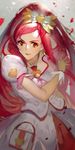  bad_id bad_pixiv_id blurry blush bow cure_ace depth_of_field dokidoki!_precure dress ekao hair_bow jewelry lipstick long_hair madoka_aguri magical_girl makeup petals precure red_eyes red_hair solo wrist_cuffs 