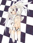  arm_up bikini_top black_rock_shooter_(game) checkered checkered_floor flat_chest floor groin long_hair lying midriff navel nipples on_back red_eyes shorts solo suzuki24 thighhighs twintails unzipped white_hair white_rock_shooter zipper 