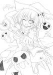  bat blush breasts candy food ghost greyscale halloween hat jack-o'-lantern kurumi_(suien) lineart looking_at_viewer medium_breasts monochrome one_eye_closed open_mouth original smile solo suien witch_hat 