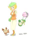  1girl ahoge bel_(pokemon) between_breasts blonde_hair blush breasts character_request commentary_request creatures_(company) game_freak gen_5_pokemon green_eyes hat jacket medium_breasts munna nikki_(jpk4lion) nintendo pokemon pokemon_(game) pokemon_bw short_hair smile standing 