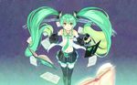  book detached_sleeves green_eyes green_hair hatsune_miku hidari_(left_side) highres long_hair official_art solo thighhighs twintails very_long_hair vocaloid 