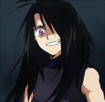  1boy antenna_hair black_hair evil_grin evil_smile fullmetal_alchemist grin hair_over_one_eye homunculus long_hair lowres purple_eyes skin_tight sleeveless slit_pupil slit_pupils smile wrath wrath_curtis 