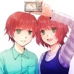  1boy 1girl brother_and_sister camera darker_than_black green_eyes long_hair male ouru_rin red_hair shion_pavlichenko short_hair siblings simple_background smile suou_pavlichenko twins white_background 