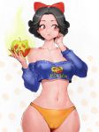  apple bare_shoulders black_hair breasts brown_eyes cameltoe collarbone commentary crop_top disney eating english_text erect_nipples food fruit fumio_(rsqkr) hair_ribbon hand_on_own_cheek highres medium_breasts midriff navel panties poison ribbon saliva saliva_trail short_hair skull snow_white snow_white_(disney) snow_white_and_the_seven_dwarfs underwear 