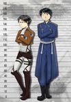  2boys black_hair cravat crossed_arms crossover frown fullmetal_alchemist glaring height_chart levi_(shingeki_no_kyojin) looking_at_another military military_uniform multiple_boys roy_mustang serious shingeki_no_kyojin short_hair smile uniform wink 