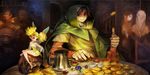  1girl bag bar coin_flip cup dragon's_crown elf fairy highres kamitani_george mug pointy_ears rannie_(dragon's_crown) thief tiki_(dragon's_crown) vanillaware 