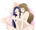  blue_hair blush breasts brown_hair eyes_closed flower fujino_shizuru hug kuga_natsuki large_breasts legs legs_crossed midriff my-hime my-otome natsuki_kruger navel nude sabachiyo_land shizuru_viola smile underboob yuri 