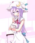  bad_id bad_pixiv_id book crescent hat hat_ribbon izayoi_sakuya long_hair patchouli_knowledge purple_eyes purple_hair ribbon shiroshi_(denpa_eshidan) solo touhou 