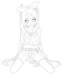  arms_behind_back cosplay eto eyebrows_visible_through_hair greyscale hair_ribbon hatsune_miku headset kagamine_rin kagamine_rin_(cosplay) kneeling lineart long_hair monochrome navel project_diva project_diva_(series) ribbon shorts smile solo thighhighs twintails very_long_hair vocaloid 