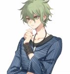  1boy amami_rantarou arm_up black_neckwear blue_shirt collarbone commentary_request danganronpa ear_piercing green_eyes green_hair hair_between_eyes heke jewelry loose_clothes lowres male_focus messy_hair necklace new_danganronpa_v3 out_of_frame piercing shirt short_hair simple_background solo striped striped_shirt teeth upper_body white_background 